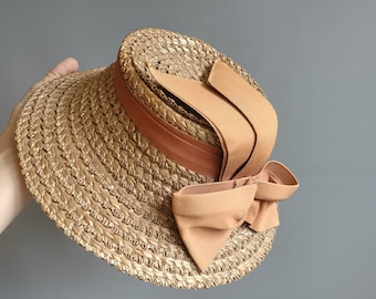 1930s straw hat with brim, terracotta ribbon bow,