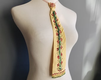 vintage sequin necktie, yellow rayon tie, sequinned and beaded, metallic braid, elastic band