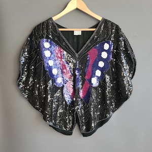 1980s sequin butterfly top, violet magenta silver metallic, black silk shirt, made in india blouse, XXL size plus size large size volup