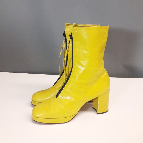 hold for LR / size 9M - 1970s yellow leather platform boots! made in spain, larger size, leather lined