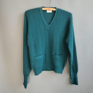 1940s deep teal sweater, vintage 40s wool v neck pullover tunic with pockets, large size, Gantner and Mattern