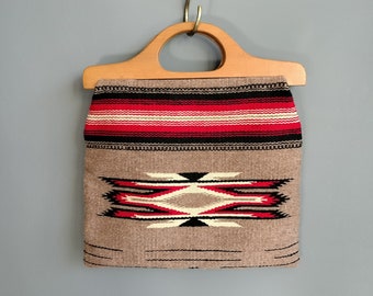 1950s chimayo tote purse handbag, natural wool and wood, handmade, large size, maple handles