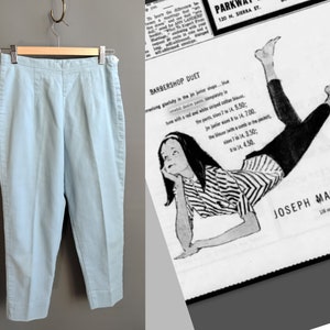 1960s stretch denim pants, mid-calf capris, medium size light blue image 1