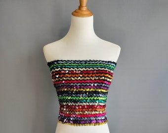 1970s rainbow sequin tube top, sequined bustier, fits small to medium-large