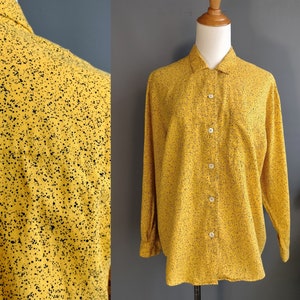 1980s Esprit speckle print shirt, yellow splatter pattern, fall 1985 catalog item, medium-large oversized