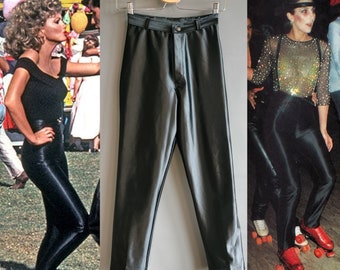 1970s disco pants, shiny jeans, spandex satin, black, small size petite length, grease, rock n roll, odds and evens, high waisted