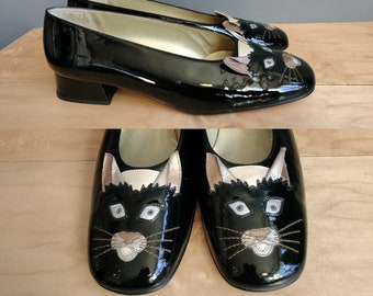 size 8M 1980s cat face shoes, Margaret Jerrold novelty flats, made in spain, real patent leather kitty design