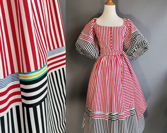 1980s Victor Costa stripe dress, huge puff blouson sleeves, tight bodice / corset cut, cotton small - medium size