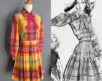 1970s rainbow plaid madras seersucker maxi dress, yellow cotton gown, Leslie Fay, medium size