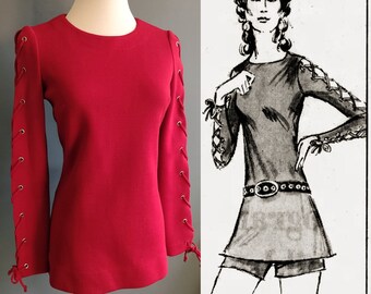 1970s lace up sleeves sweater tunic, mod style red doubleknit wool from Kimberly, small size