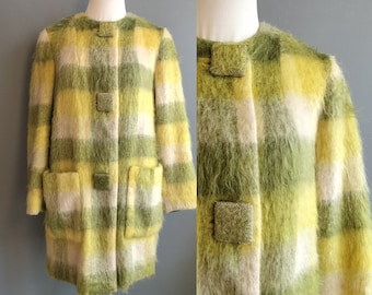 1960s plaid brushed mohair coat, fuzzy furry shaggy, medium size, green and yellow, silk lined