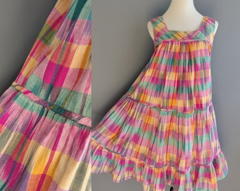 1980s ikat madras plaid trapeze dress, rainbow indian cotton sundress, pockets, small to medium size