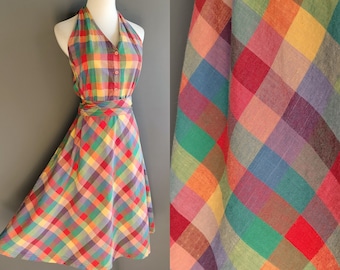 1980s rainbow plaid halter dress, indian cotton sundress. medium size