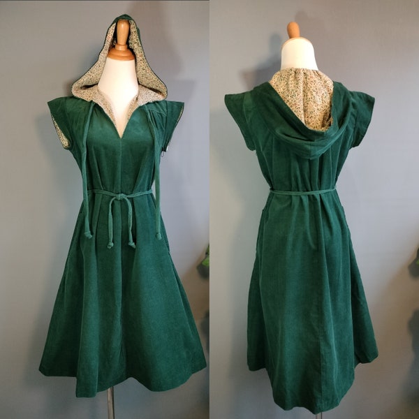 1970s hooded corduroy dress, pinwale cotton and calico floral, trapeze shape, green and cream