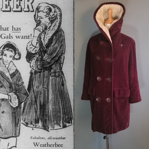 1950s hooded corduroy stadium coat, wide wale, burgundy red parka with soft faux fur, weatherbee small medium size