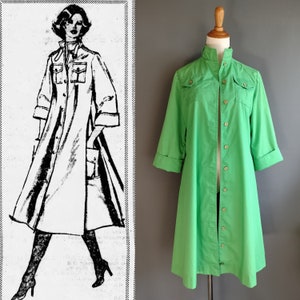 May include: A long-sleeved, green, button-down shirt with a collar and pockets. The shirt has a slightly A-line shape and is made of a lightweight fabric.