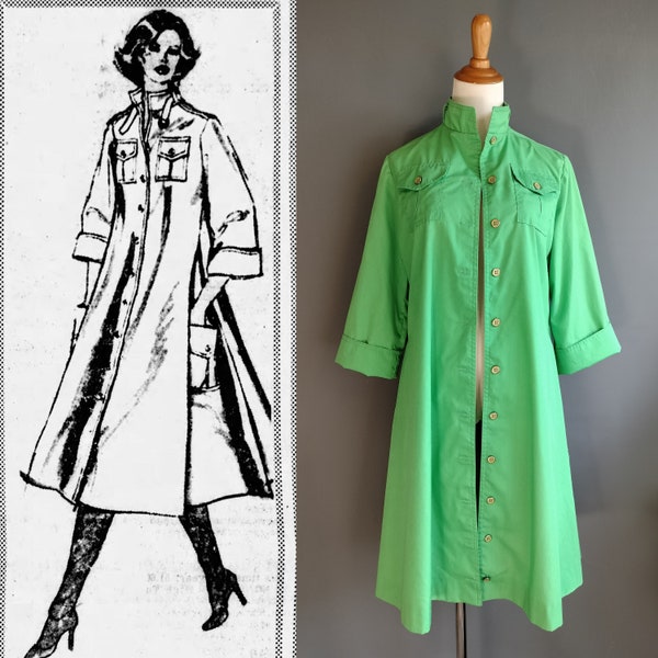 1970s trapeze cargo pocket coat dress, Serbin tent coatdress, kelly green, medium large size