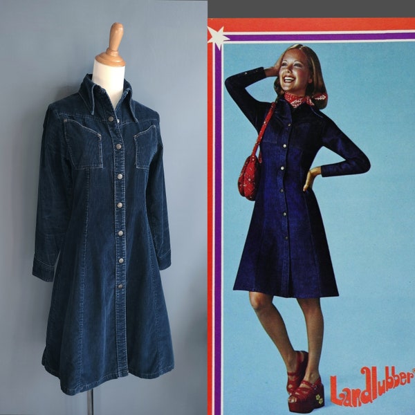 1970er Jahre Landlubber Cord Mantelkleid, Mantelkleid Hemdkleid, Daggerkragen, kleine Größe