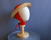 1950s straw and cotton scarf hat, vintage beach halo hat, medium size 21.5