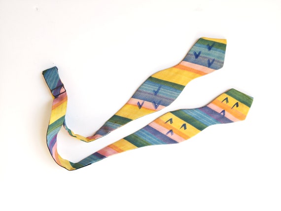 1940s handpainted self tie bow tie, rainbow silk … - image 2