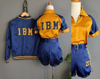 1950s IBM women's basketball uniform, three pieces pullover jacket, shirt, and bloomer shorts, rayon satin, vintage Felco, striped knit