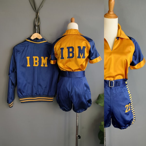 1950s IBM women's basketball uniform, three pieces pullover jacket, shirt, and bloomer shorts, rayon satin, vintage Felco, striped knit