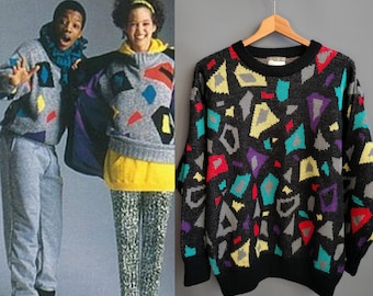 Esprit Sport Memphis stijl abstracte nieuwigheid trui uit de jaren 80, catalogusitem herfst 1986, groot formaat