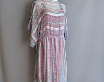 1980s Silk Farm silk dress, sheer ribbon satin bayadere stripe print, medium size, Icinoo