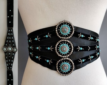 m-L: 1900s Edwardian beaded ribbon corset belt, gunmetal silver and blue glass, black velvet
