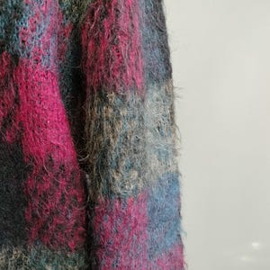 May include: Close-up of a textured, multi-colored sweater. The sweater features a blend of pink, blue, teal, and gray hues. The fabric appears soft and fuzzy, with a patch of gray material at the bottom. The overall style is vintage.