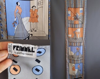 1970 Frimmel cartoon silk scarf, pop art, Geoffrey Howard, art deco, oxford bags, bell bottoms