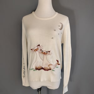 1970s novelty pussycat sweater, love cats, moon and stars, large size
