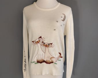1970s novelty pussycat sweater, love cats, moon and stars, large size