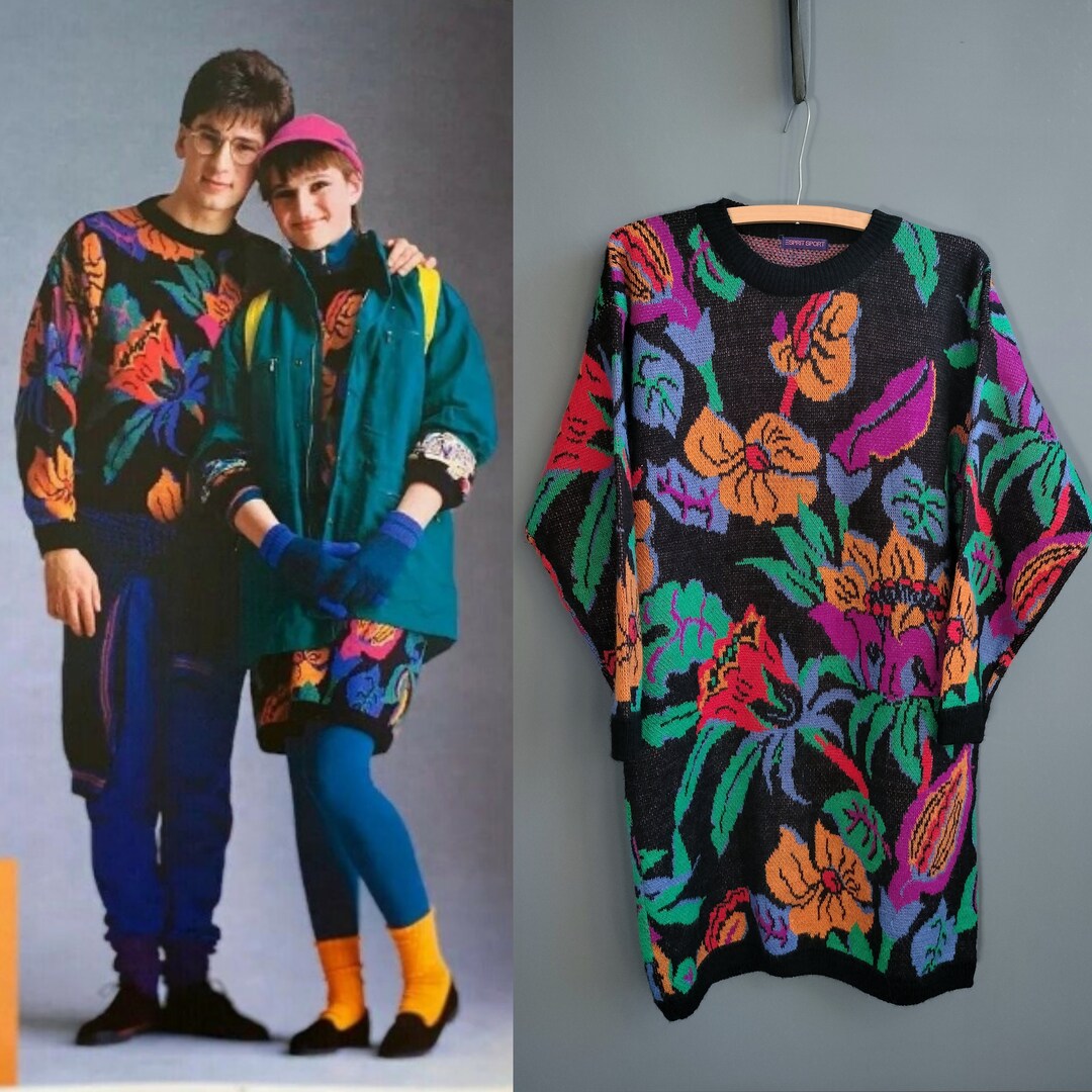 1980s Esprit Sport Huge Florals Sweater Dress Fall 1986 Etsy