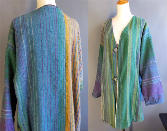 handwoven green purple striped wool blanket long c