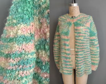 1960s handknit mohair loopy boucle sweater cardigan, made in Italy, ombre pastel colors green blue pink yellow, large size