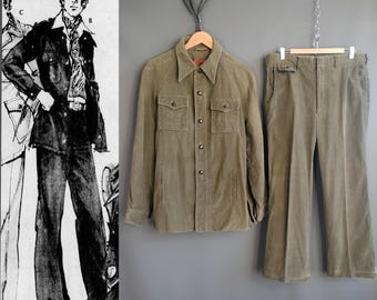 Traje de pana de los años 70, conjunto informal de los 70, talla 44L/36, Hathaway Otherwear, talla mediana-grande, verde oliva vintage informal