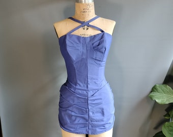 1960 Rose Marie Reid "promise" swimsuit, 1950s periwinkle blue violet stretch lastex draped sheath, large size volup