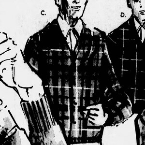 May include: Black and white illustration of a man wearing a plaid jacket, white shirt, and tie. The jacket has a distinct checkered pattern. The image is a vintage style drawing.