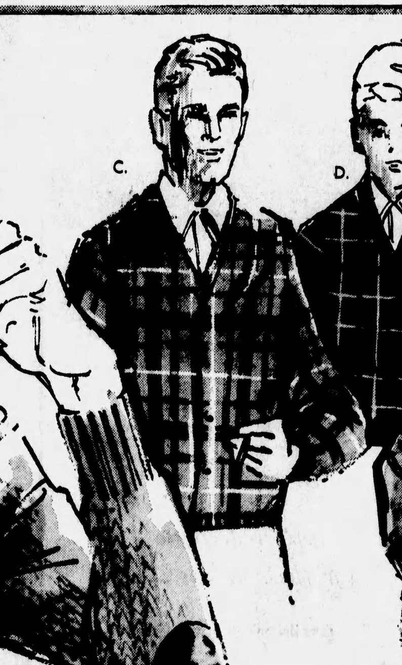 May include: Black and white illustration of a man wearing a plaid jacket, white shirt, and tie. The jacket has a distinct checkered pattern. The image is a vintage style drawing.