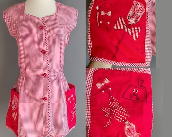 1950s-1960s xl cotton smock top, Princess Peggy Pop-On, large volup size, gingham shirt blouse, novelty anthropomorphic pockets