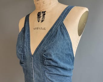 1970s Rose Hips Esprit halter top, blue jean and striped denim, crop cropped