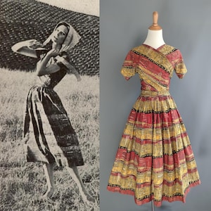 1950s artist novelty print dress by Lamartine Le Goullon, Associated American Artists AAA Egyptienne 1954, small size