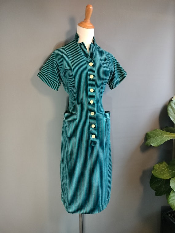 1950s striped corduroy wiggle dress, peacock blue… - image 3