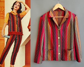 1960s fancy weave stripe jacket, Koret of California, rainbow wool chore coat shacket shirt jac, medium large size