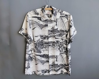 1950s florida photo print shirt, rayon vintage 1940s souvenir, medium size