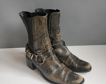 size 7.5 Y2K Miu Miu engineer boots, chelsea ankle, Prada, distressed crackle leather, vintage nouveau Victorian, 38, removable belt straps
