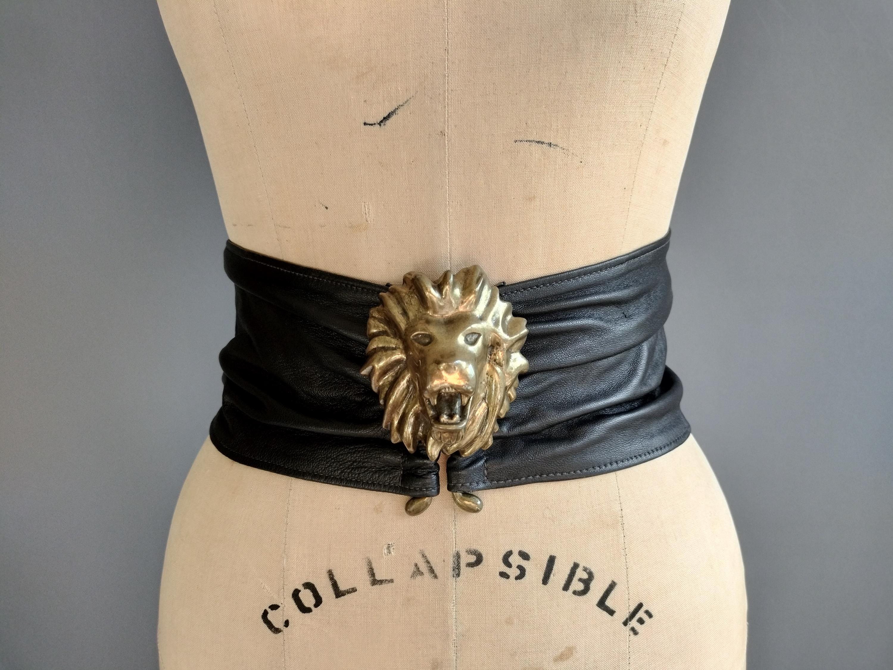 1970s Brass Lion Sculpture Belt, Black Leather Wide Cinch  display picture 2