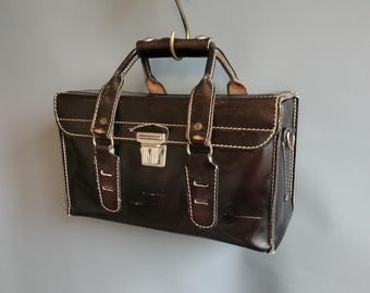 1950s leather camera bag, dark chocolate brown, 50s vintage satchel