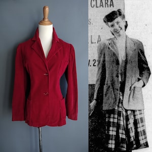 1940s puff sleeve red corduroy jacket, WWII wartime 1941 blazer coat, medium large size